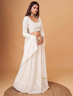 Fascinating White Thread Work Georgette Bridesmaid Lehenga Choli 2