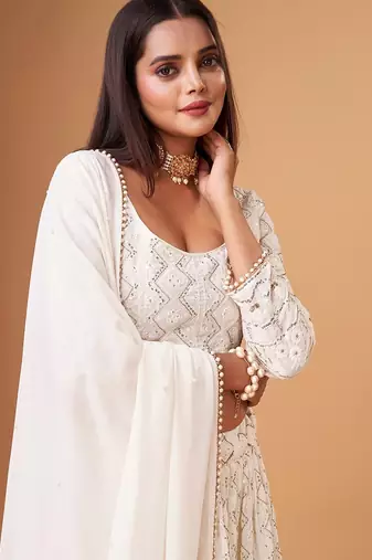 Fascinating White Thread Work Georgette Bridesmaid Lehenga Choli
