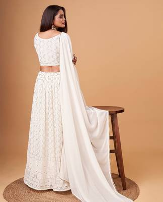 Fascinating White Thread Work Georgette Bridesmaid Lehenga Choli 5