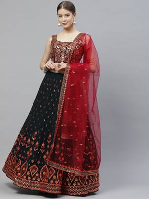 Womne's green & deep pink gotta patti with thread and sequins embroidered georgette semi stitched lehenga 1