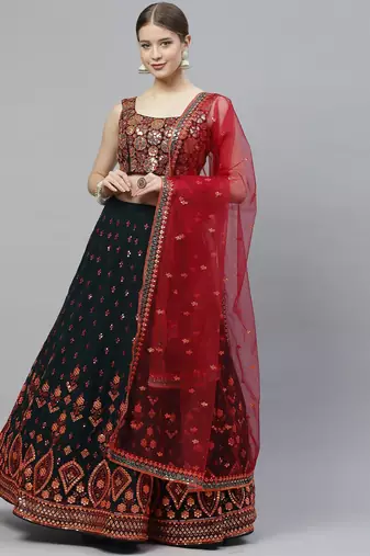 Womne's green & deep pink gotta patti with thread and sequins embroidered georgette semi stitched lehenga