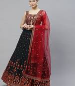 Womne's green & deep pink gotta patti with thread and sequins embroidered georgette semi stitched lehenga