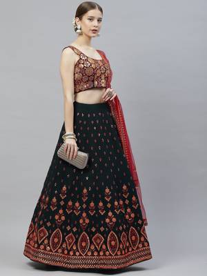 Womne's green & deep pink gotta patti with thread and sequins embroidered georgette semi stitched lehenga 2