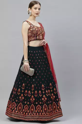 Womne's green & deep pink gotta patti with thread and sequins embroidered georgette semi stitched lehenga