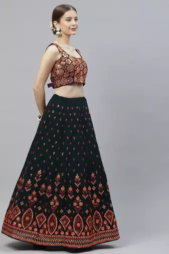 Womne's green & deep pink gotta patti with thread and sequins embroidered georgette semi stitched lehenga