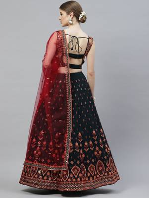 Womne's green & deep pink gotta patti with thread and sequins embroidered georgette semi stitched lehenga 4