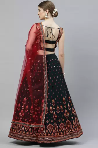 Womne's green & deep pink gotta patti with thread and sequins embroidered georgette semi stitched lehenga