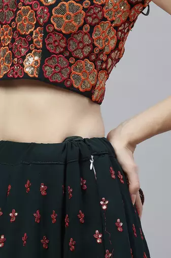 Womne's green & deep pink gotta patti with thread and sequins embroidered georgette semi stitched lehenga