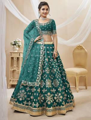 Women's green art silk embroidered lehenga choli with net dupatta 1