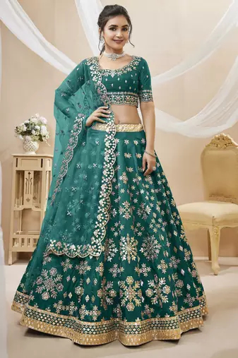 Women's green art silk embroidered lehenga choli with net dupatta