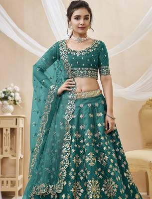 Women's green art silk embroidered lehenga choli with net dupatta 2