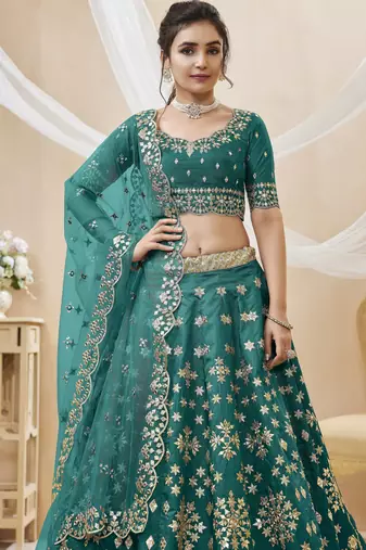 Women's green art silk embroidered lehenga choli with net dupatta