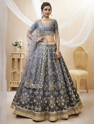 Dazzling grey embroidered work art silk bridesmaid lehenga choli 1