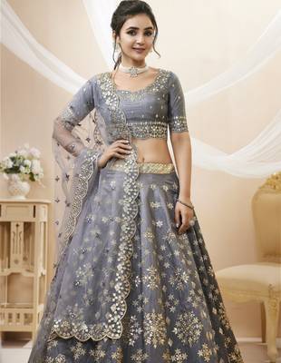 Dazzling grey embroidered work art silk bridesmaid lehenga choli 2