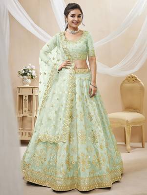 Women's Dazzling pista embroidered work art silk bridesmaid lehenga choli 1