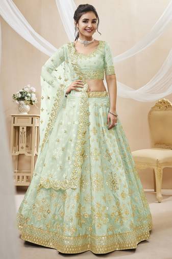 Women's Dazzling pista embroidered work art silk bridesmaid lehenga choli