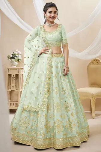 Women's Dazzling pista embroidered work art silk bridesmaid lehenga choli