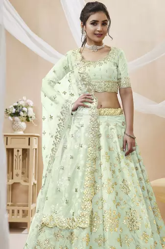 Women's Dazzling pista embroidered work art silk bridesmaid lehenga choli