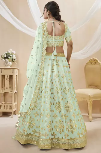Women's Dazzling pista embroidered work art silk bridesmaid lehenga choli