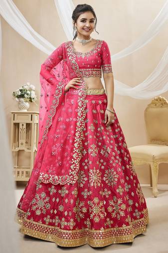 Women's pink embroidered work art silk bridesmaid lehenga choli