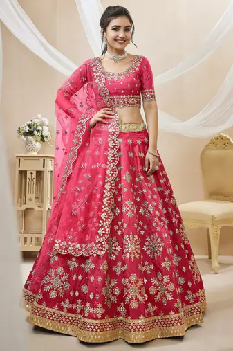 Women's pink embroidered work art silk bridesmaid lehenga choli