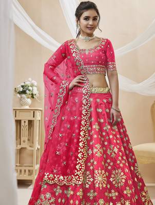 Women's pink embroidered work art silk bridesmaid lehenga choli 2