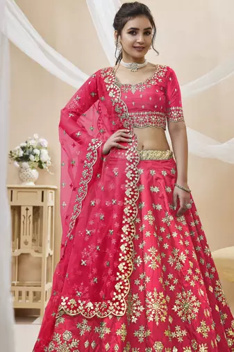 Women's pink embroidered work art silk bridesmaid lehenga choli