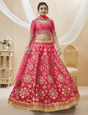 Women's pink embroidered work art silk bridesmaid lehenga choli 3