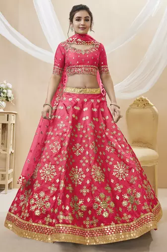 Women's pink embroidered work art silk bridesmaid lehenga choli