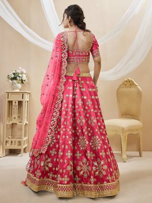 Women's pink embroidered work art silk bridesmaid lehenga choli 4
