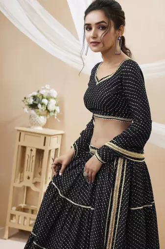 Wonderful Black Leheriya Printed Georgette Party Wear Lehenga Choli