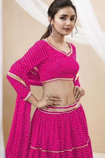 Fabulous Pink Leheriya Printed Georgette Function Wear Lehenga Choli