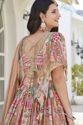 Beige Chinon Silk Digital Print Zari Embroidered Lehenga Wedding Wear