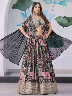 Black Chinon Silk Digital Print Zari Embroidered Lehenga Wedding Wear 2
