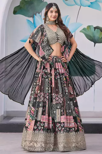 Black Chinon Silk Digital Print Zari Embroidered Lehenga Wedding Wear