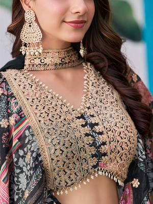Black Chinon Silk Digital Print Zari Embroidered Lehenga Wedding Wear 4
