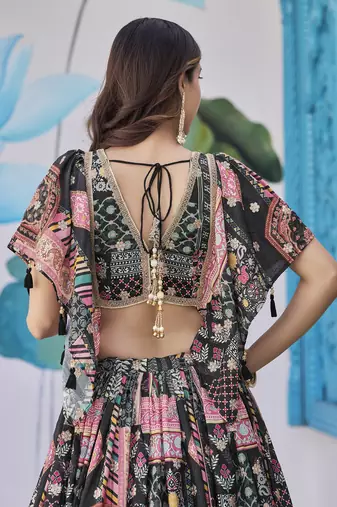 Black Chinon Silk Digital Print Zari Embroidered Lehenga Wedding Wear