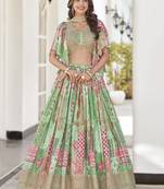 Green Chinon Silk Digital Print Zari Embroidered Lehenga Wedding Wear