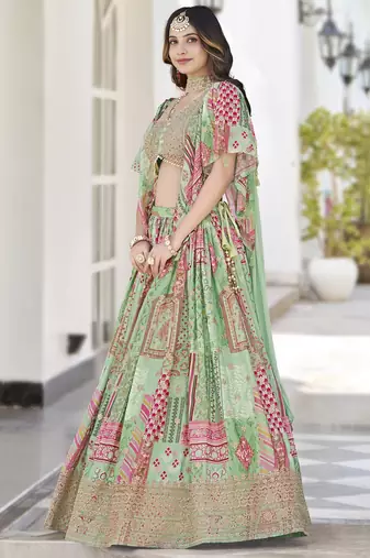 Green Chinon Silk Digital Print Zari Embroidered Lehenga Wedding Wear