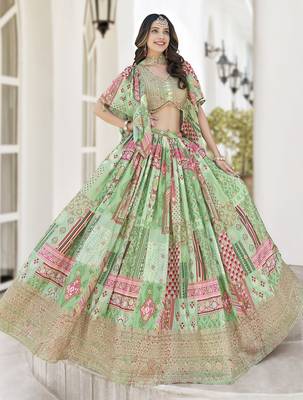 Green Chinon Silk Digital Print Zari Embroidered Lehenga Wedding Wear 3