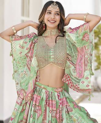 Green Chinon Silk Digital Print Zari Embroidered Lehenga Wedding Wear 4