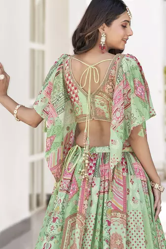 Green Chinon Silk Digital Print Zari Embroidered Lehenga Wedding Wear