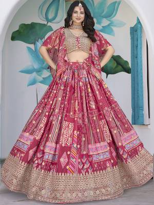Pink Chinon Silk Digital Print Zari Embroidered Lehenga Wedding Wear 2
