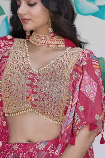 Pink Chinon Silk Digital Print Zari Embroidered Lehenga Wedding Wear