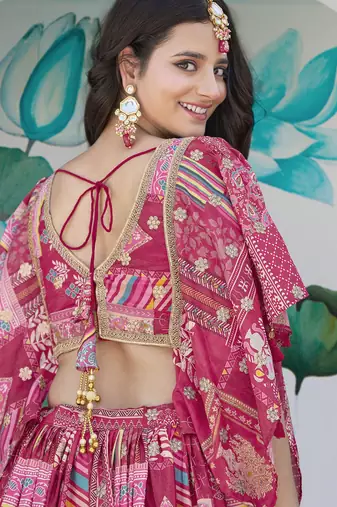 Pink Chinon Silk Digital Print Zari Embroidered Lehenga Wedding Wear