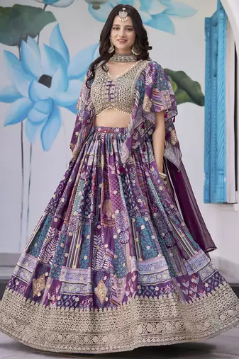 Purple Chinon Silk Digital Print Zari Embroidered Lehenga Wedding Wear