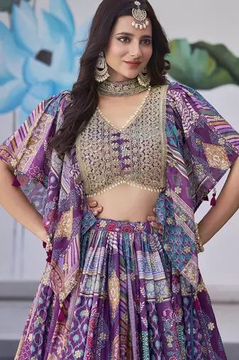 Purple Chinon Silk Digital Print Zari Embroidered Lehenga Wedding Wear