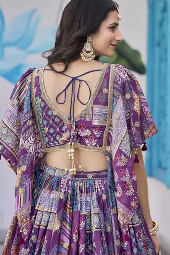 Purple Chinon Silk Digital Print Zari Embroidered Lehenga Wedding Wear