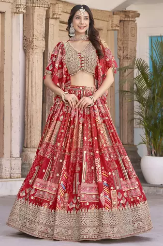 Red Chinon Silk Digital Print Zari Embroidered Lehenga Wedding Wear