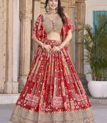 Red Chinon Silk Digital Print Zari Embroidered Lehenga Wedding Wear